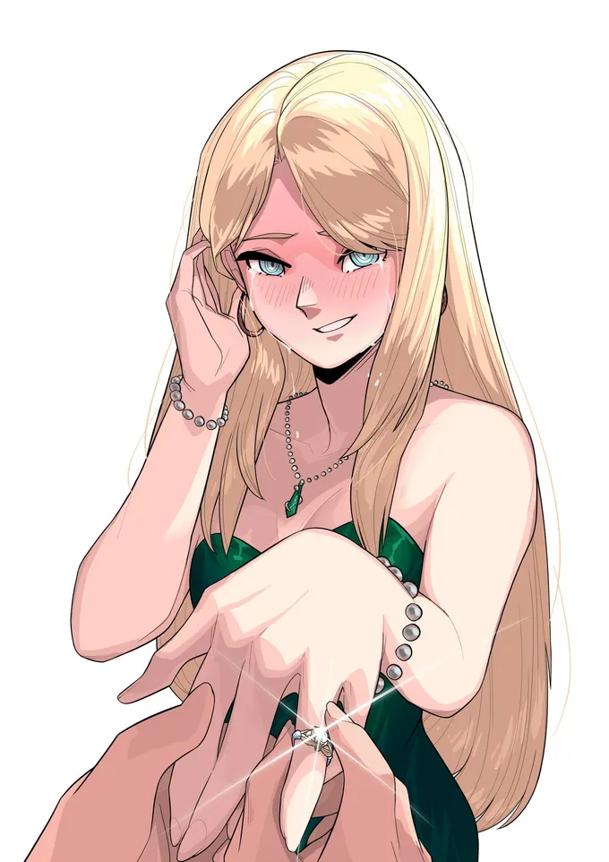 Close-up of a blushing girl Draco as a hand slides a ring onto her finger