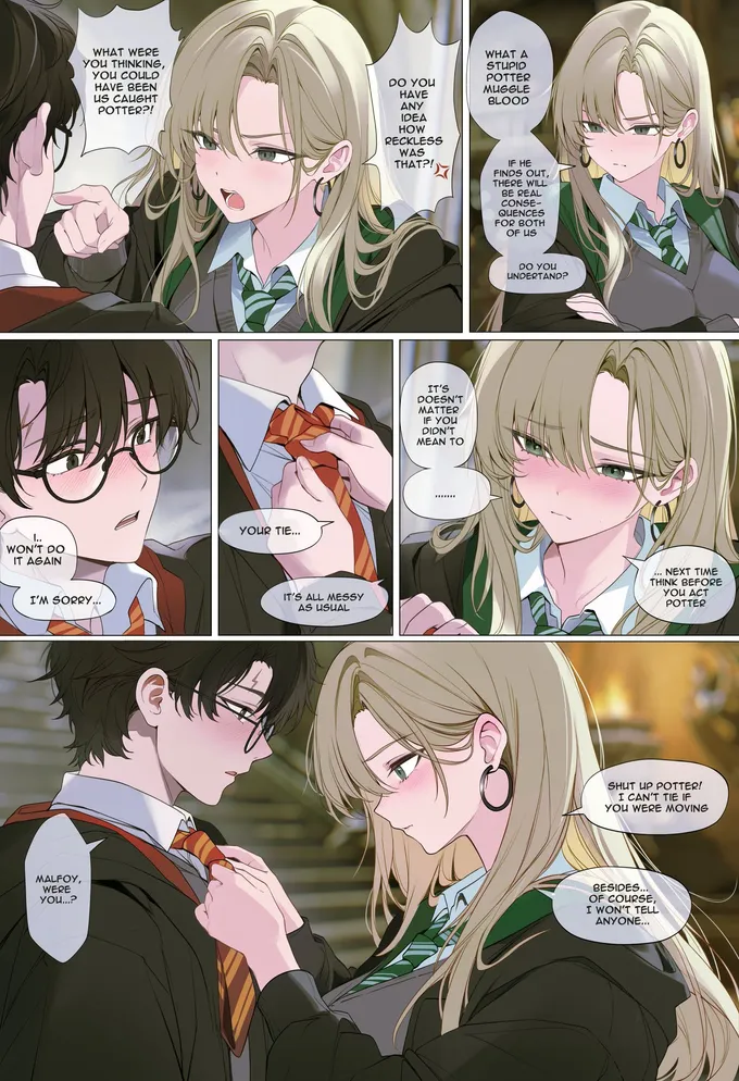 Colored comic page: girl Draco scolds Harry, then straightens his tie while blushing