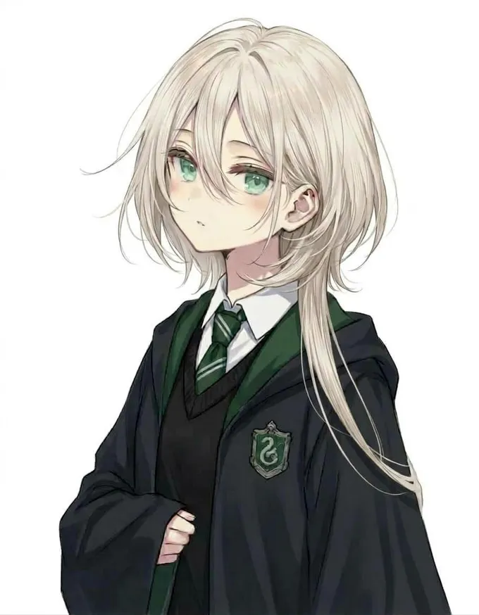 Quiet portrait of Malfoid with pale hair and green eyes in Slytherin robes, by @naohrw7