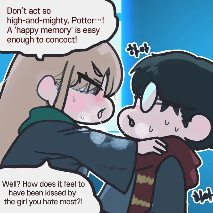 Chibi comic of a crying, blushing Malfoid confessing to Harry, by @sigmman (1 of 4)
