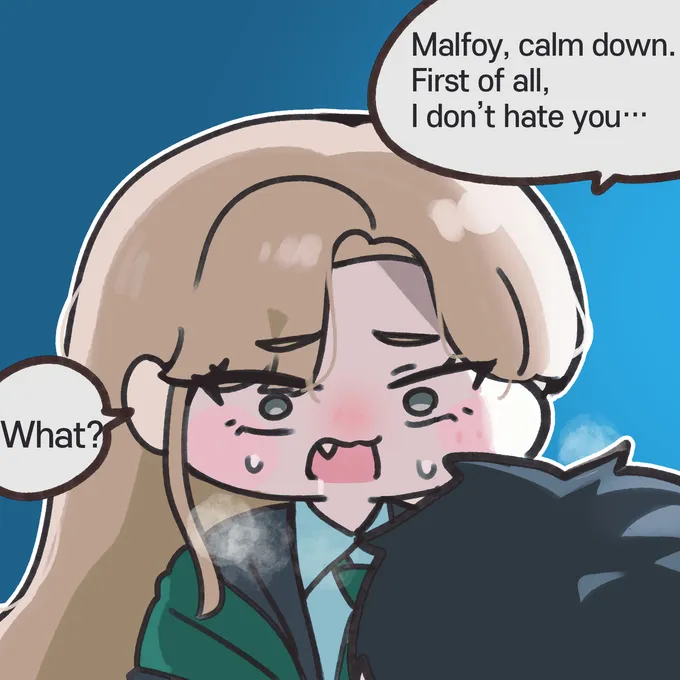Chibi comic of a crying, blushing Malfoid confessing to Harry, by @sigmman (2 of 4)