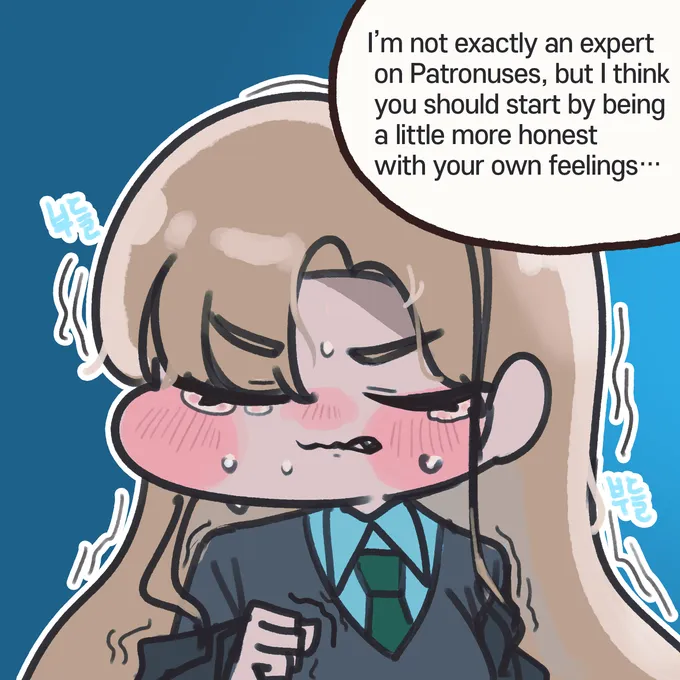 Chibi comic of a crying, blushing Malfoid confessing to Harry, by @sigmman (3 of 4)