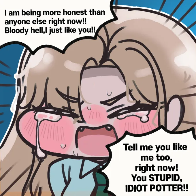 Chibi comic of a crying, blushing Malfoid confessing to Harry, by @sigmman (4 of 4)
