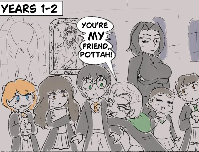 Four colored panels: girl Draco and Harry in years 1-2, 3-4 and 6-7, then a wedding scene (1 of 4)