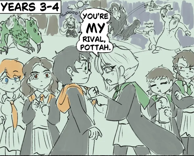 Four colored panels: girl Draco and Harry in years 1-2, 3-4 and 6-7, then a wedding scene (2 of 4)