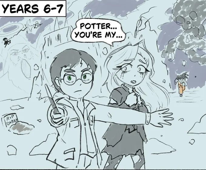 Four colored panels: girl Draco and Harry in years 1-2, 3-4 and 6-7, then a wedding scene (3 of 4)