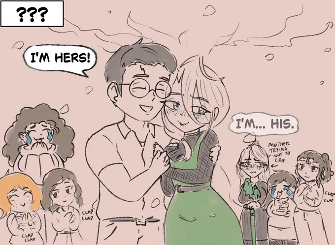 Four colored panels: girl Draco and Harry in years 1-2, 3-4 and 6-7, then a wedding scene (4 of 4)