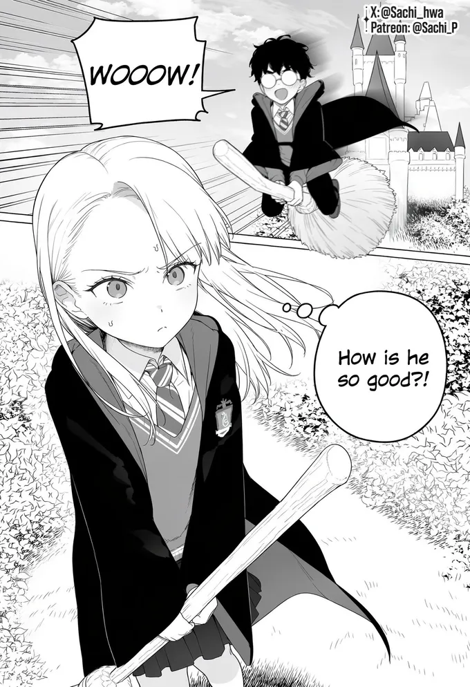 Manga pages: girl Draco watches Harry fly, practises alone at night with a broom and is caught by McGonagall (1 of 4)