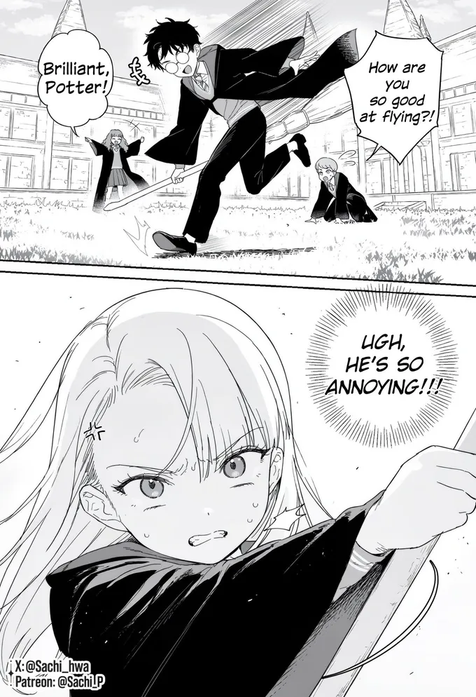 Manga pages: girl Draco watches Harry fly, practises alone at night with a broom and is caught by McGonagall (2 of 4)