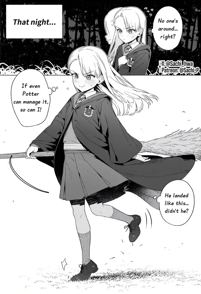 Manga pages: girl Draco watches Harry fly, practises alone at night with a broom and is caught by McGonagall (3 of 4)