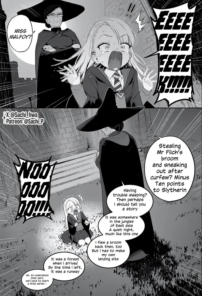 Manga pages: girl Draco watches Harry fly, practises alone at night with a broom and is caught by McGonagall (4 of 4)