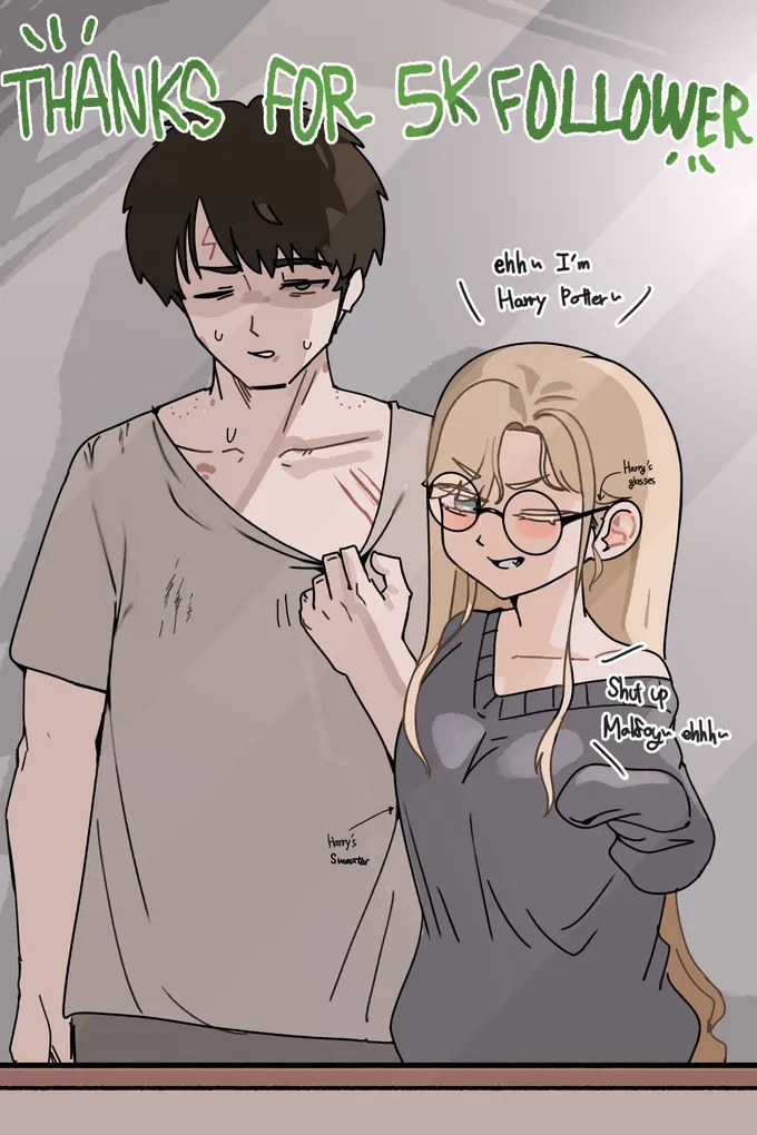 Harry in a T-shirt next to Malfoid wearing his glasses and sweater, by @sigmman (1 of 2)