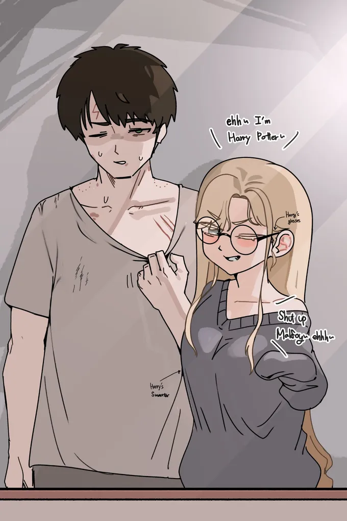 Harry in a T-shirt next to Malfoid wearing his glasses and sweater, by @sigmman (2 of 2)