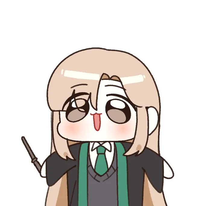 Two chibi drawings of Malfoid with a wand, one cheerful and one annoyed, by @sigmman (1 of 2)