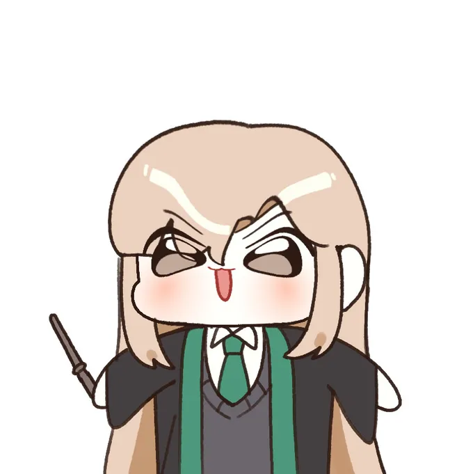 Two chibi drawings of Malfoid with a wand, one cheerful and one annoyed, by @sigmman (2 of 2)