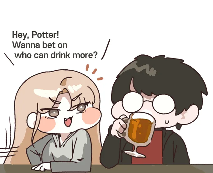 Four chibi panels: girl Draco and Harry at a pub, she acts drunk, hugs him, and he carries her home on his back (1 of 4)