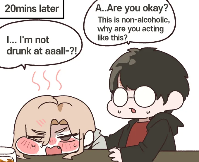 Four chibi panels: girl Draco and Harry at a pub, she acts drunk, hugs him, and he carries her home on his back (2 of 4)