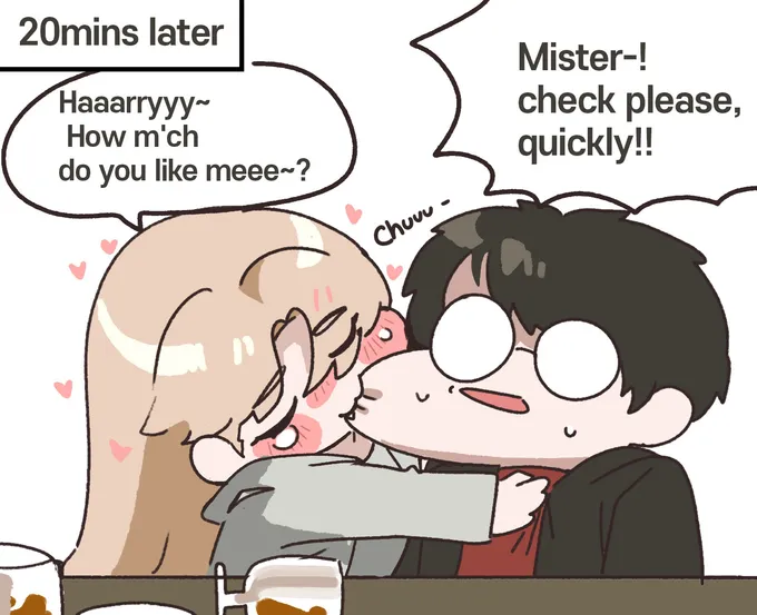 Four chibi panels: girl Draco and Harry at a pub, she acts drunk, hugs him, and he carries her home on his back (3 of 4)