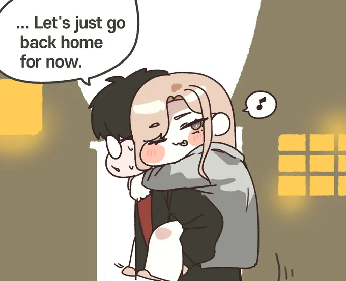 Four chibi panels: girl Draco and Harry at a pub, she acts drunk, hugs him, and he carries her home on his back (4 of 4)